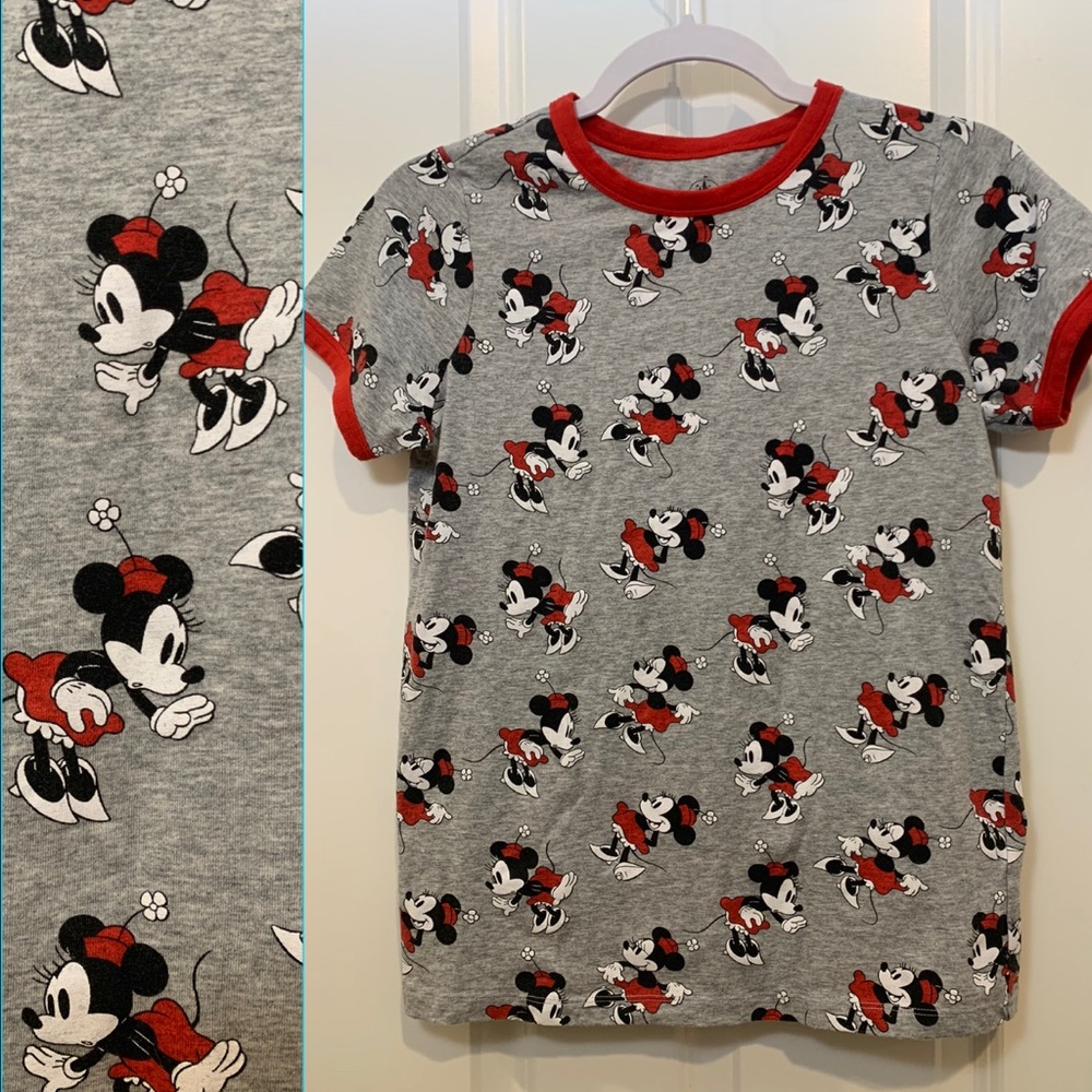 Rare Authentic Disney Minnie Mouse All Over Ringer T-Shirt Heathered Gray XS